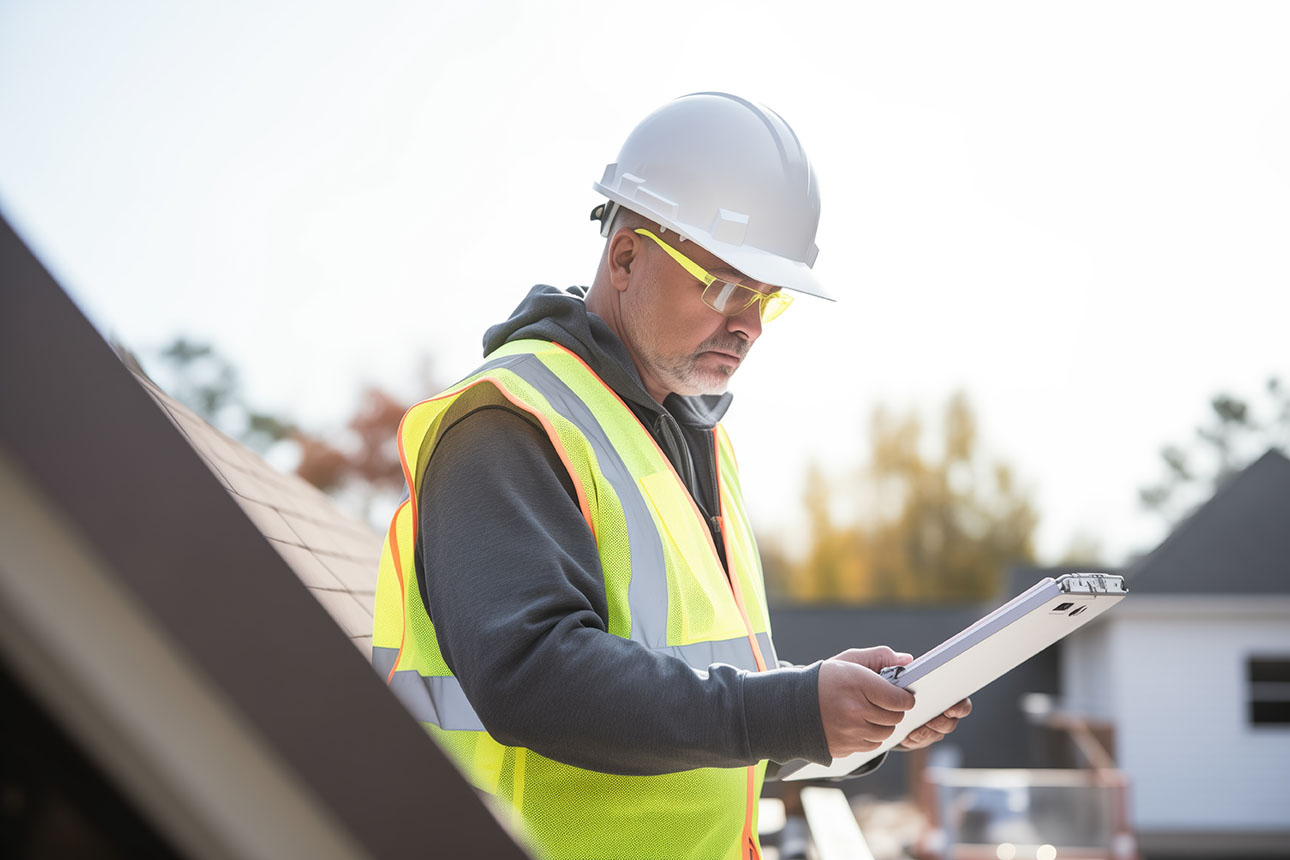 roofer checking material list on a tablet on the roof, created with generative ai